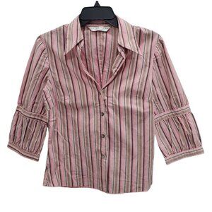 Trina Turk Women's Pink Multicolor Stripe 3/4‎ Stripe Button Up Blouse Size M